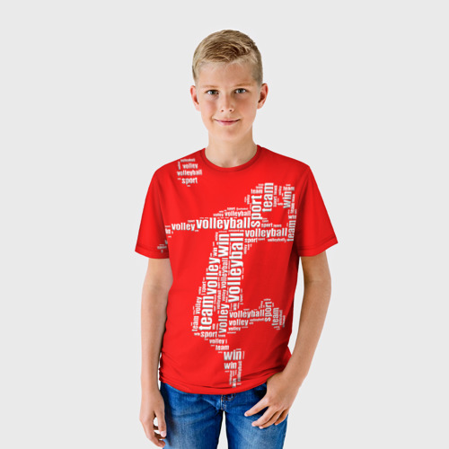 Детская футболка 3D с принтом Волейболист в прыжке - текстовый силуэт, фото на моделе #1