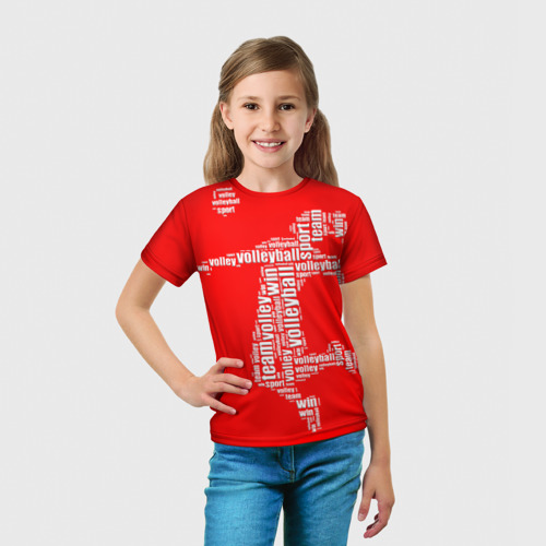 Детская футболка 3D с принтом Волейболист в прыжке - текстовый силуэт, вид сбоку #3