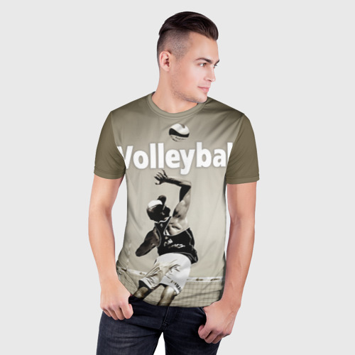 Мужская футболка 3D Slim с принтом Волейбол - удар в прыжке, фото на моделе #1