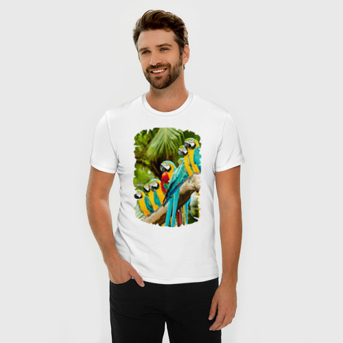 Мужская футболка хлопок Slim Экзотические попугаи, цвет белый - фото 3