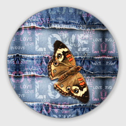 Круглый коврик для мышки Бабочка крапивница на джинсовой ткани