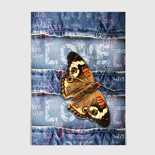 Постер Бабочка крапивница на джинсовой ткани