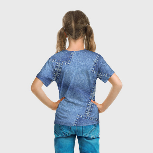 Детская футболка 3D с принтом Фиалки на джинсовой ткани, вид сзади #2