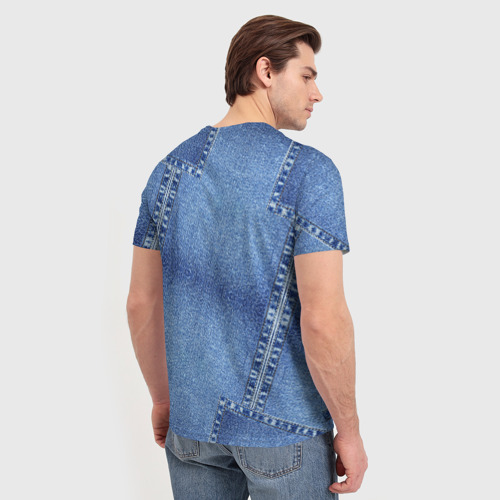 Мужская футболка 3D с принтом Фиалки на джинсовой ткани, вид сзади #2