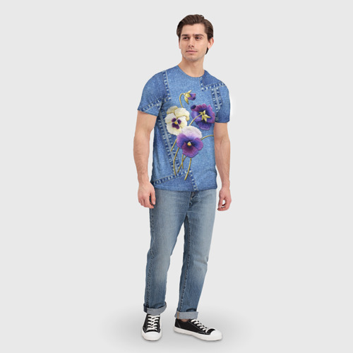 Мужская футболка 3D с принтом Фиалки на джинсовой ткани, вид сбоку #3