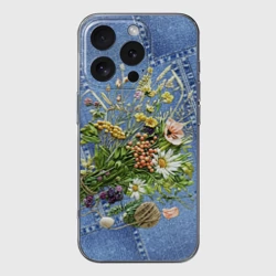 Чехол для iPhone 16 Pro Max силиконовый с защитой камеры Джинсовый - полевые цветы