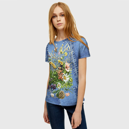 Женская футболка 3D Джинсовый - полевые цветы, цвет 3D печать - фото 3