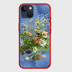 Чехол для iPhone 14 Джинсовый - полевые цветы