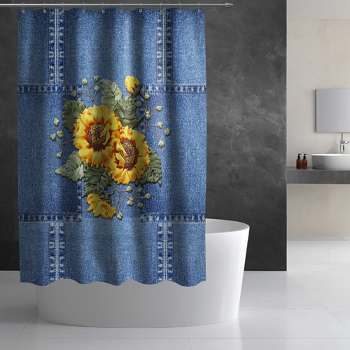 Штора 3D для ванной Желтые цветы на джинсовой ткани - фото 3