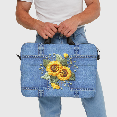 Сумка для ноутбука 3D Желтые цветы на джинсовой ткани, цвет 3D печать - фото 5
