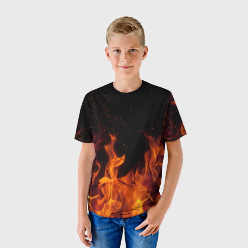 Детская футболка 3D с принтом Огонь с искрами, фото на моделе #1