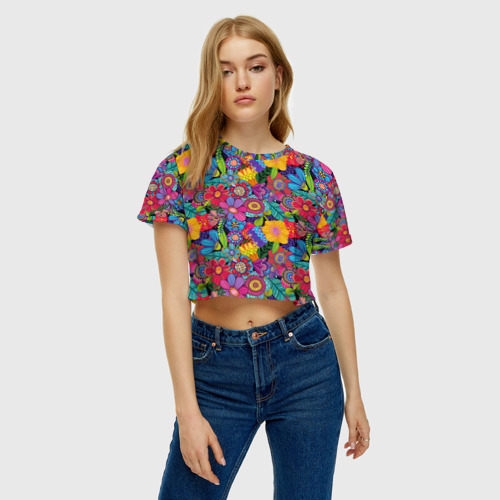 Женская футболка Crop-top 3D Яркие цветы, цвет 3D печать - фото 3