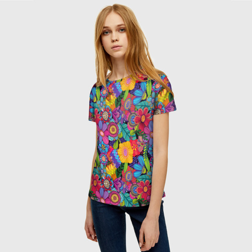 Женская футболка 3D Яркие цветы, цвет 3D печать - фото 3