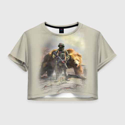 Женская футболка Crop-top 3D Русский медведь и солдат, цвет 3D печать