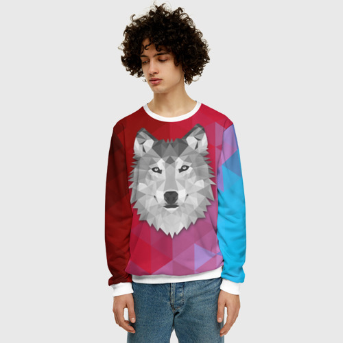 Мужской свитшот 3D Полигональный волк, цвет белый - фото 3