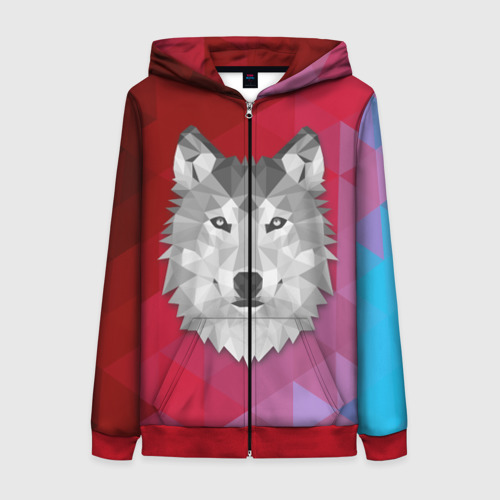 Женская толстовка 3D на молнии Полигональный волк, цвет красный