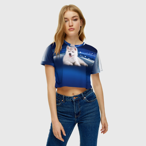 Женская футболка Crop-top 3D Щенок Хаски, цвет 3D печать - фото 3