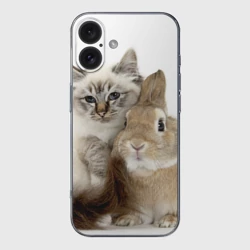 Чехол для iPhone 16 силиконовый с защитой камеры Кот и кролик обнимаются