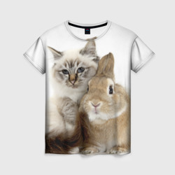 Женская футболка 3D Кот и кролик обнимаются