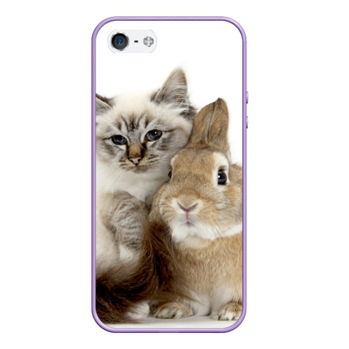 Чехол для iPhone 5/5S матовый Кот и кролик обнимаются, цвет светло-сиреневый