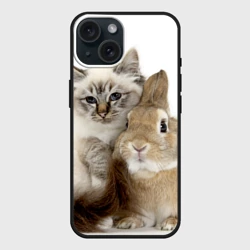 Чехол силиконовый для Apple iPhone 15 матовый Кот и кролик обнимаются