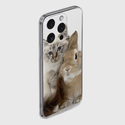 Чехол для iPhone 15 Pro силиконовый с защитой камеры Кот и кролик обнимаются - фото 2