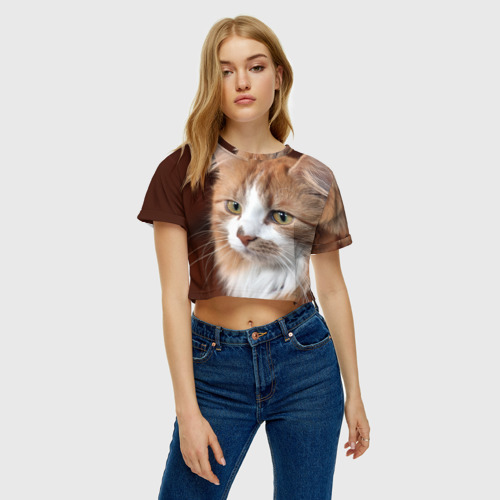 Женская футболка Crop-top 3D Кот мохнатый рыжий, цвет 3D печать - фото 3