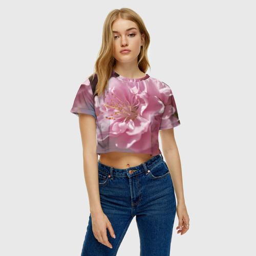 Женская футболка Crop-top 3D Розовые цветы, цвет 3D печать - фото 4