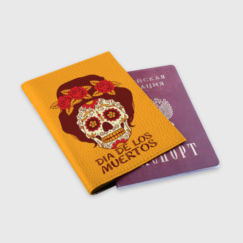 Обложка для паспорта матовая кожа Мексиканский череп - день мертвых, цвет пыльно-розовый - фото 3
