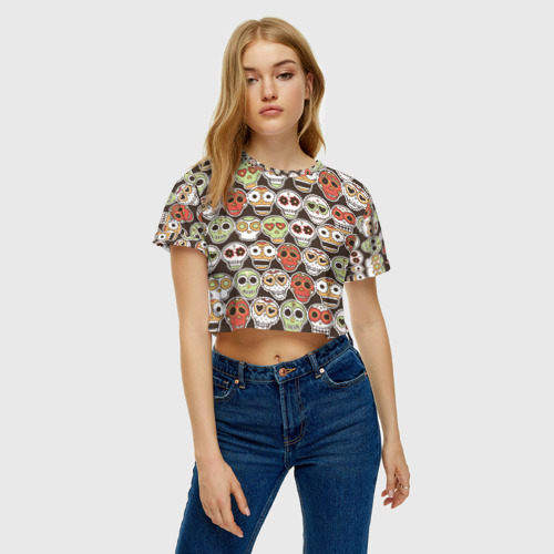 Женская футболка Crop-top 3D Мексиканские черепа, цвет 3D печать - фото 3