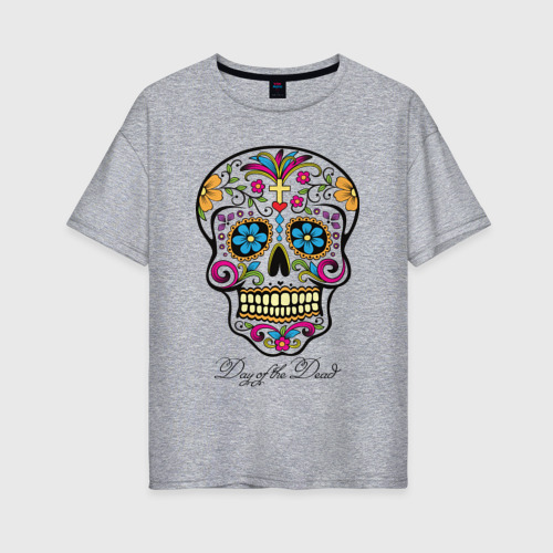 Женская футболка хлопок Oversize Мексиканский череп - в день мертвых, цвет меланж
