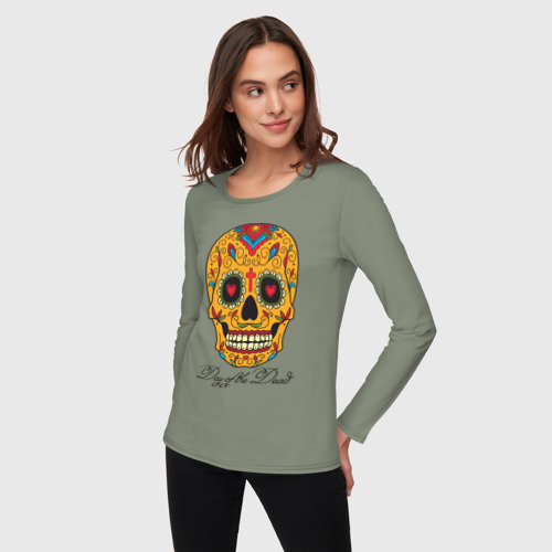 Женский лонгслив хлопок Мексиканский череп в день мертвецов, цвет авокадо - фото 3