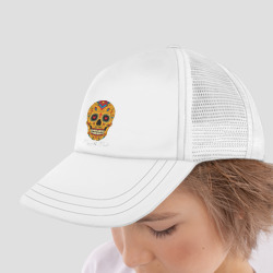 Кепка с принтом Мексиканский череп в день мертвецов для ребенка, вид на модели спереди №4. Цвет основы: белый