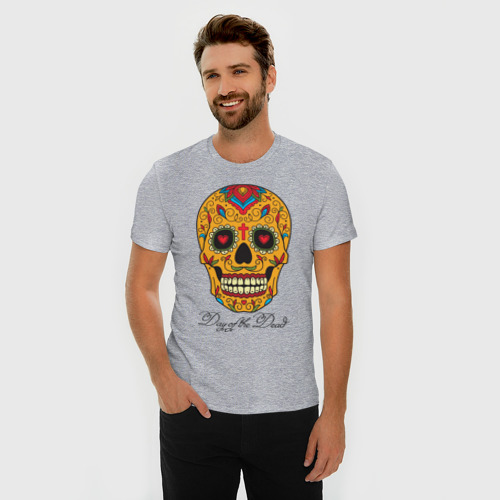 Мужская футболка хлопок Slim Мексиканский череп в день мертвецов, цвет меланж - фото 3