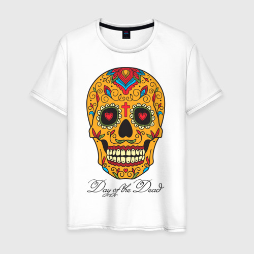 Мужская футболка из хлопка с принтом Мексиканский череп в день мертвецов, вид спереди №1