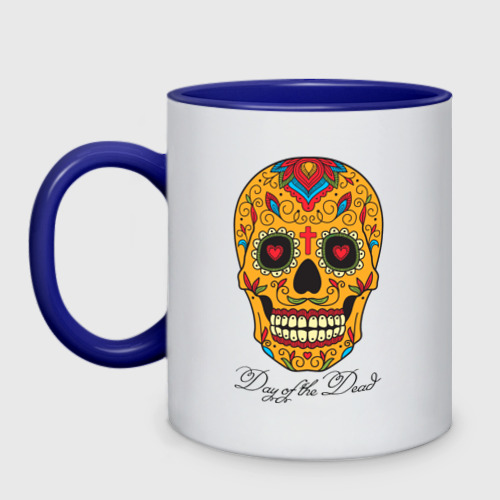 Кружка двухцветная Мексиканский череп в день мертвецов, цвет белый + синий