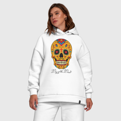 Женский костюм хлопок Oversize Мексиканский череп в день мертвецов, цвет белый - фото 5