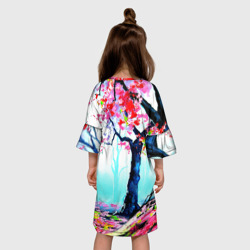 Платье с принтом Сакура для ребенка, вид на модели сзади №2. Цвет основы: белый