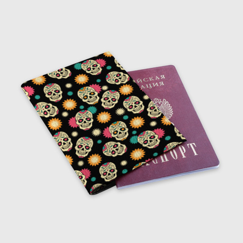 Обложка для паспорта матовая кожа День мертвецов - черепа, цвет черный - фото 3