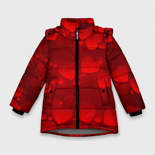 Зимняя куртка для девочек 3D Красные сердца, цвет светло-серый