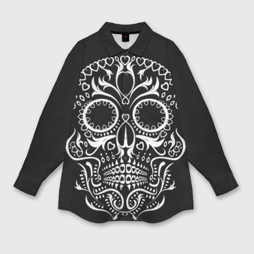 Женская рубашка oversize 3D с принтом Мексиканский череп на черном, вид спереди #2