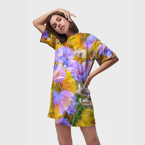 Платье-футболка 3D Живописные цветы, цвет 3D печать - фото 3