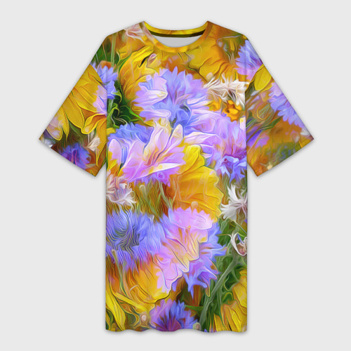 Платье-футболка 3D Живописные цветы, цвет 3D печать