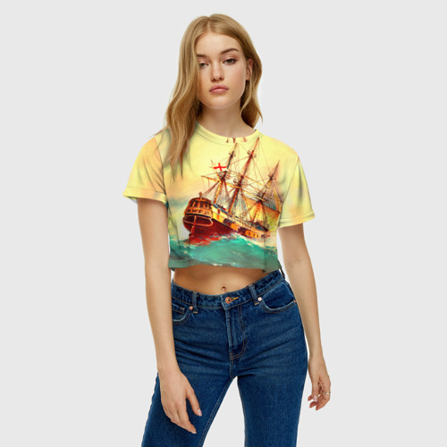 Женская футболка Crop-top 3D Парусник, цвет 3D печать - фото 3