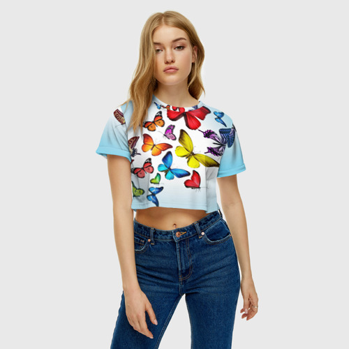 Женская футболка Crop-top 3D Butterflies, цвет 3D печать - фото 4