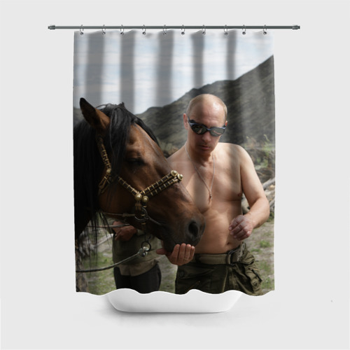 Штора 3D для ванной Путин с конем Фото 01 Штора 3D для ванной Путин с конем Фото 01