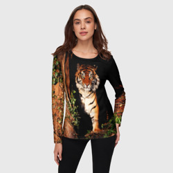 Женский лонгслив 3D Тигр выглядывает из темноты - большая картинка - фото 2