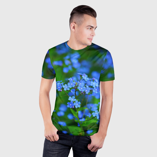 Мужская футболка 3D Slim Синие цветы, цвет 3D печать - фото 3