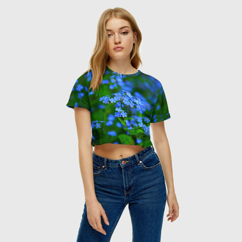 Женская футболка Crop-top 3D Синие цветы, цвет 3D печать - фото 4