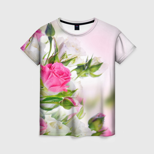 Женская футболка с принтом Алые розы, вид спереди №1